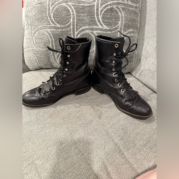 Justin Womens Kiltie Lace Up Boots Size 6 Black Leather Western Fringe Vintage - Picture 3 of 8
